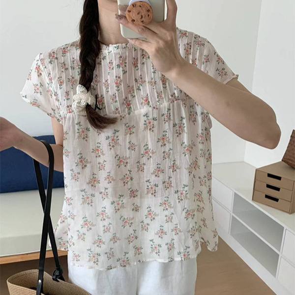文艺风圆领碎花苎麻衬衫夏季薄款风琴褶后背单排扣小众短袖上衣