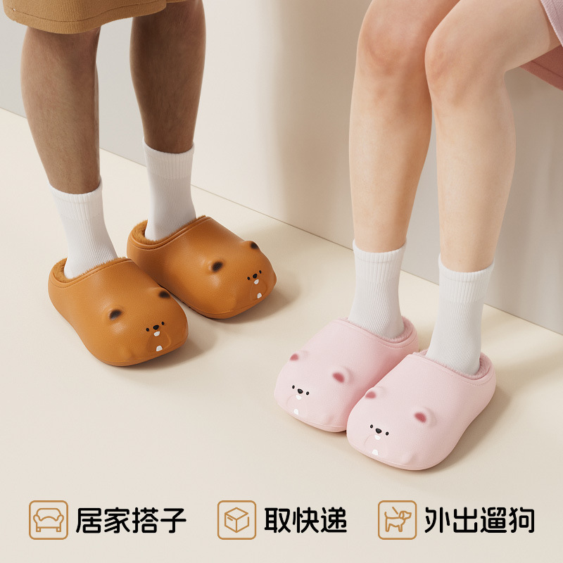 土拨鼠防水棉拖鞋女士冬季居家室内微足弓可外穿保暖棉拖女生宿舍