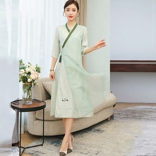 中式茶艺师汉服棉麻连衣裙文艺复古民族国风改良唐装旗袍禅意茶人