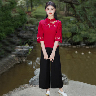 大码民族风女改良旗袍短款中袖绣花红色上衣中式国风套装裤茶汉服