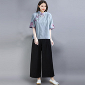 改良旗袍套装 盘扣唐装 复古民族国风女上衣茶汉服 中式 加肥加大码