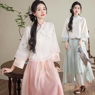 新款中式刺绣改良汉服套装裙复古民国风女上衣舞蹈演出服茶艺服夏