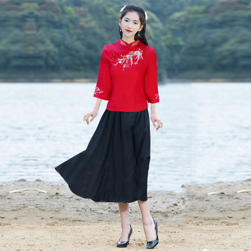 民族风绣花七分袖棉麻国风上衣汉服日常改良旗袍女中式茶服套装裤