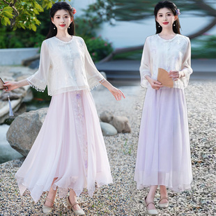 小清新套装连衣裙中式国风低圆领女装夏季仙气改良唐装汉服茶艺服