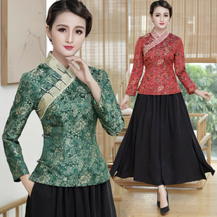 中国风改良旗袍唐装长袖上衣女士妈妈复古装中式盘扣茶艺服套装裙