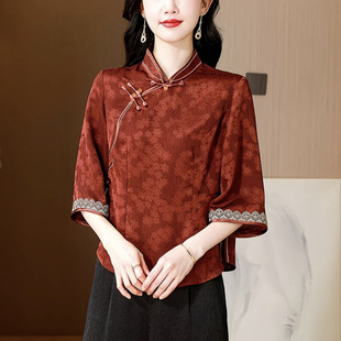 中式香云衫上衣国风提花改良旗袍唐装妈妈装七分袖中式小衫茶服女