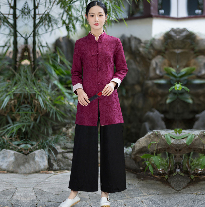 中式茶艺服大码棉麻中长款唐装上衣文艺复古女装中医推拿师禅意服