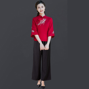 大码改良唐装两件套中式茶汉服旗袍文艺范民族国风棉麻剌绣女上衣