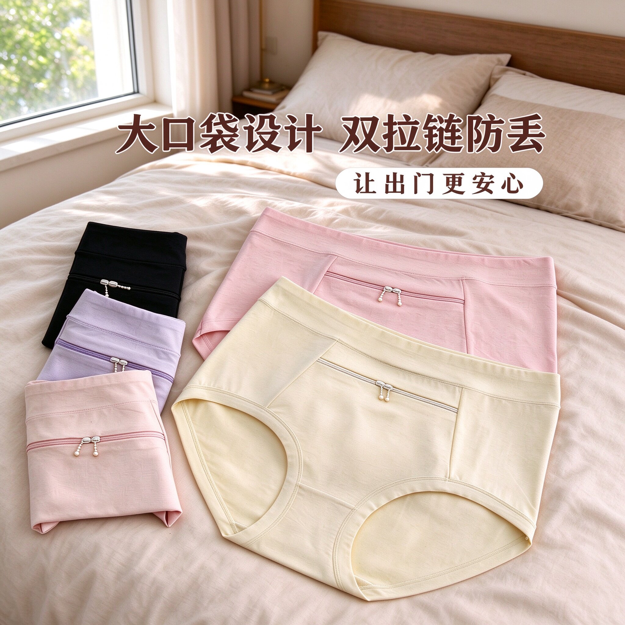 女士内裤纯棉口袋新款中腰安全裤拉链舒适防盗中年出国旅行平角裤