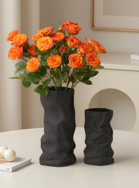 简约黑白精致轻奢陶瓷褶皱花瓶家居客厅桌面装饰生日乔迁礼物摆件