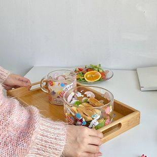 小清新玻璃餐饮具可爱带把手耐热牛奶果汁办公室高硼硅玻璃杯盘碗