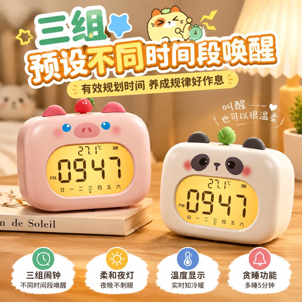 新款卡通闹钟学生专用起床神器儿童智能电子时钟带夜灯倒计时器