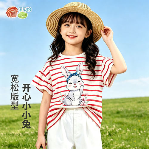 贝贝怡童装女童夏季短袖T恤中大童休闲上衣打底衫男童条纹夏装潮