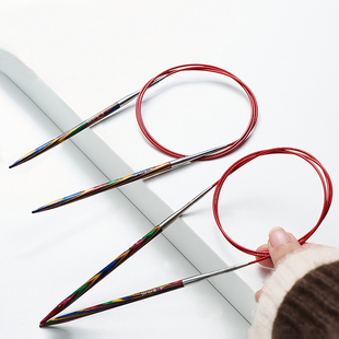 彩木环形针可拆卸手工diy编织工具棒针彩色毛衣针循环针红色绳