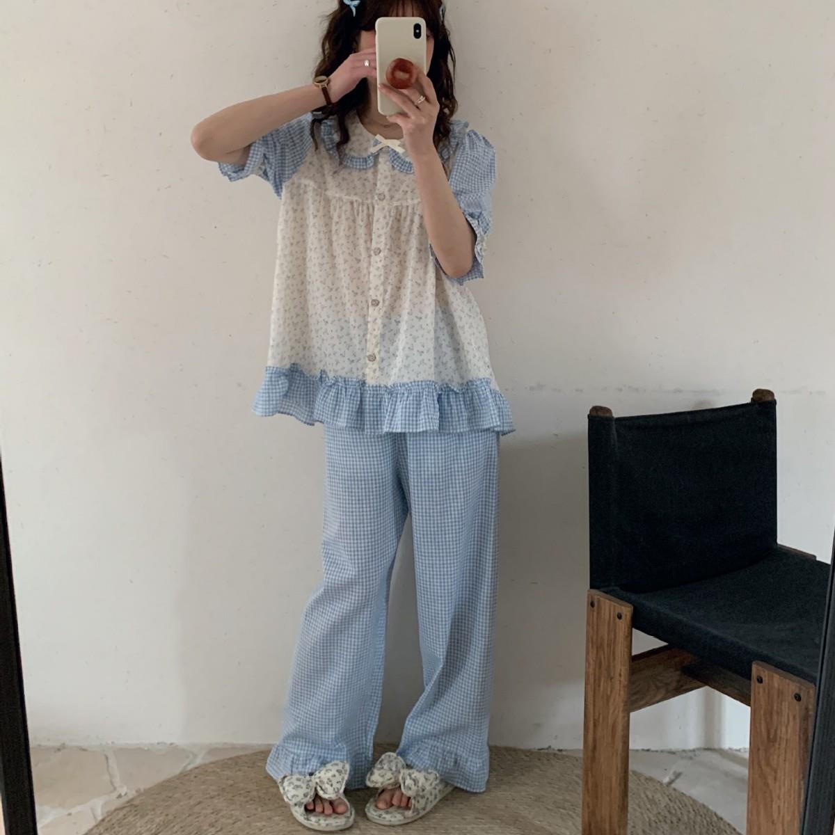 HEARMES 夏季韩系拼接碎花睡衣女格子拼接娃娃领显瘦短袖可外穿家
