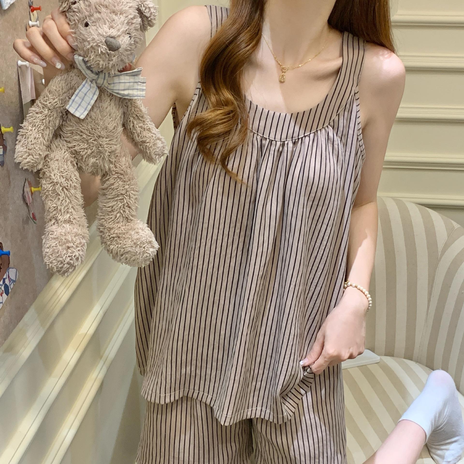 HEARMES 三件套吊带睡衣女款夏季长裤韩版条纹云朵棉带胸垫家居服