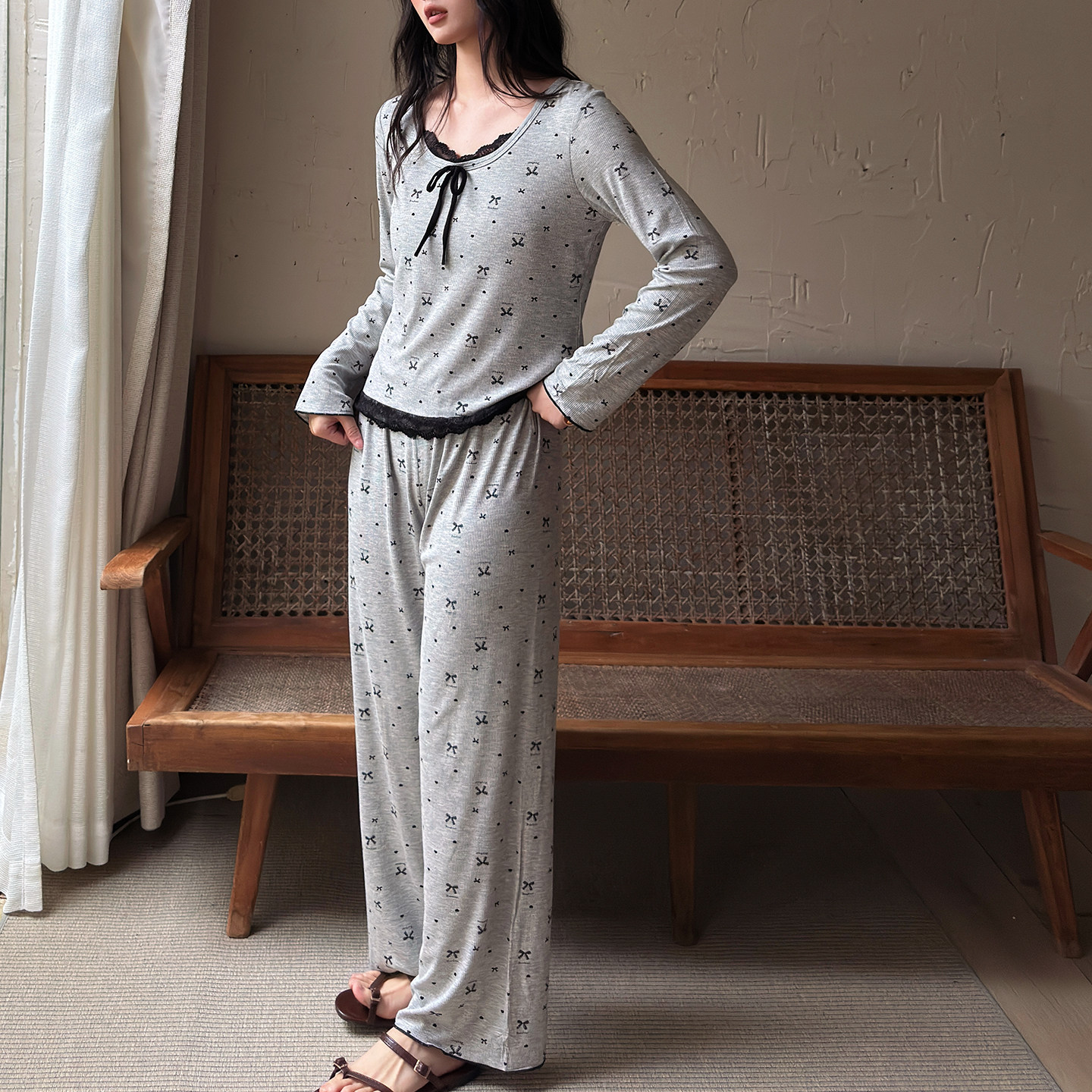 HEARMES 假两件带胸垫睡衣女款春秋季蝴蝶结长袖长裤可外穿家居服