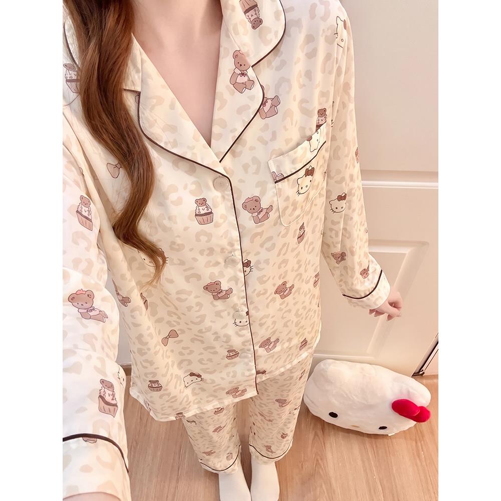 HEARMES 高级豹纹猫咪冰丝睡衣女春秋季长袖家居服夏天短袖三件套