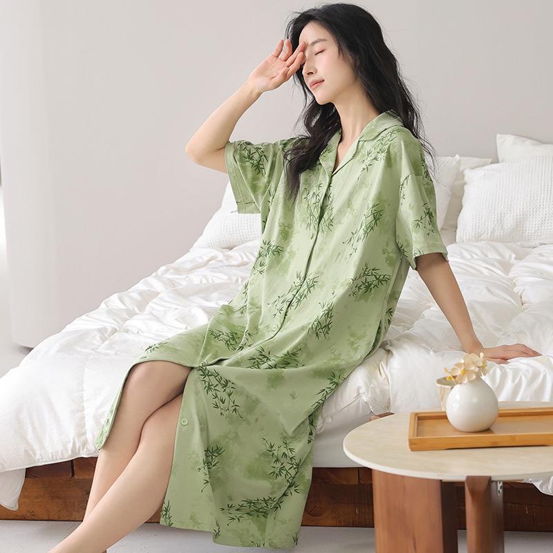 HEARMES 衬衫睡裙夏季女士短袖开衫大码拉架纯棉高级感可外穿家居