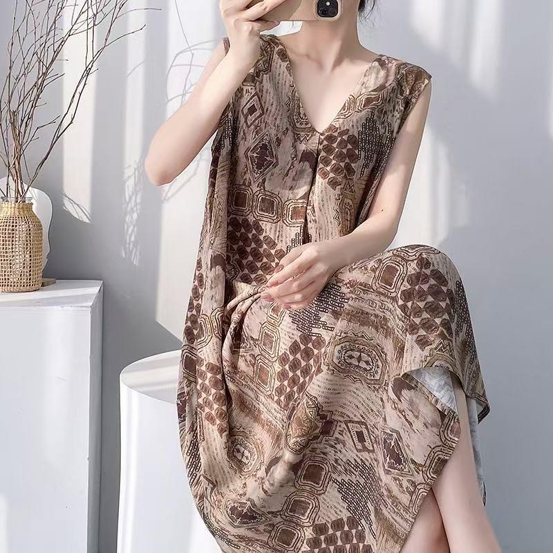 HEARMES 无袖绵绸睡裙女夏薄款人造棉卡通印花纯色大码宽松家居服
