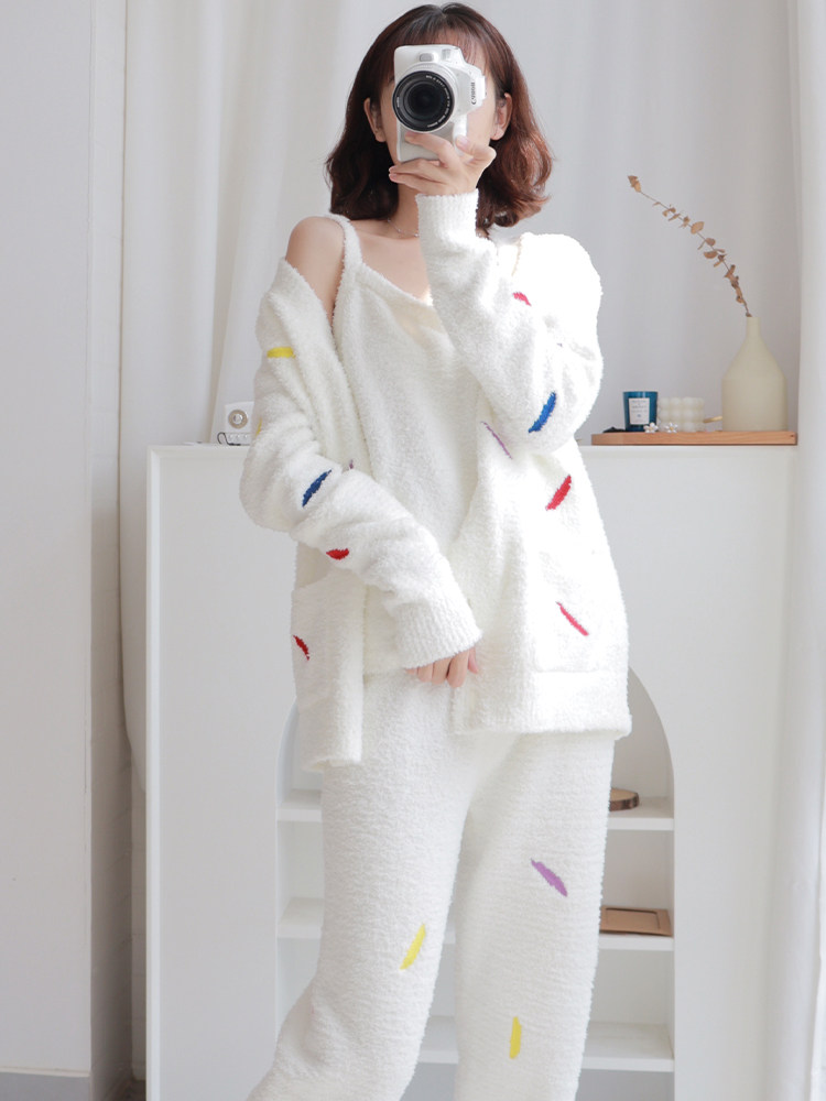 HEARMES JAPANESE PAJAMAS WOMENS FALL|WINTER CORAL DOWN FEATHER THREE-PIECE WINTER THICKENED FLEECE LOUNGEWEAR