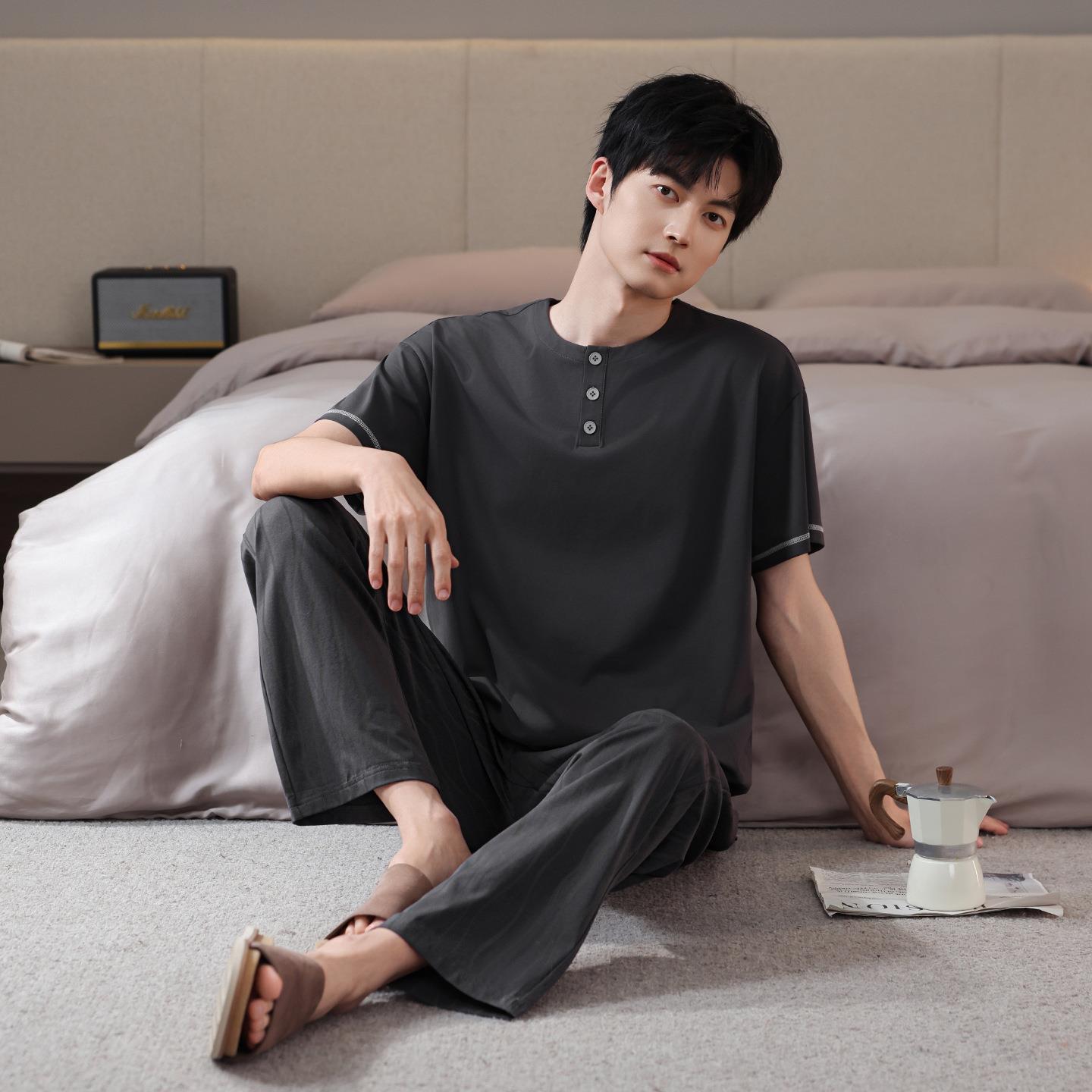 HEARMES男士睡衣夏季纯棉凉感短袖长裤两件套男生大码家居服套装