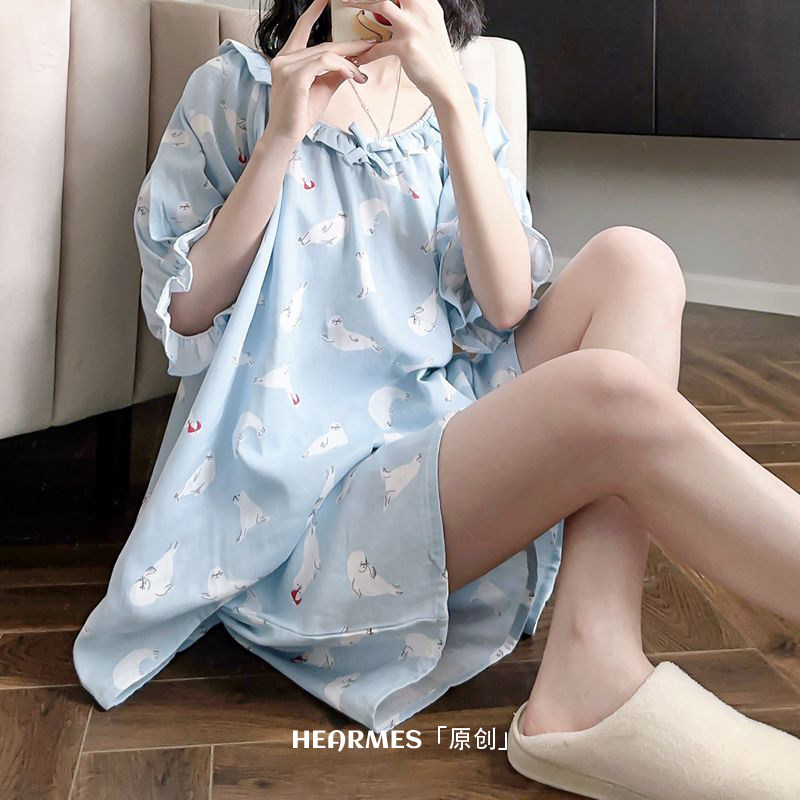 HEARMES 卡通小海豹夏季睡衣女生棉纱短袖短裤甜美纯棉薄款家居服