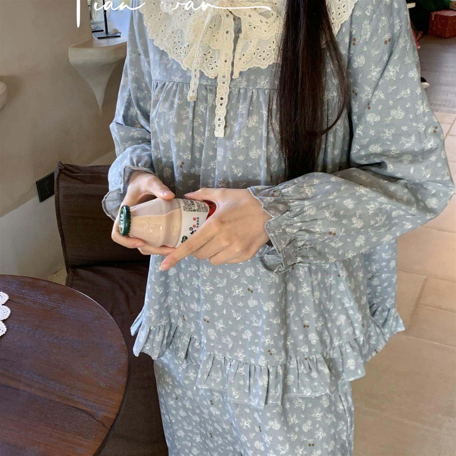 HEARMES 蕾丝睡衣套装秋季纯棉双层棉纱透气吸汗家居服二件套套头
