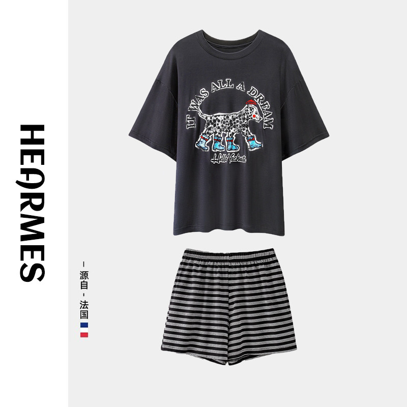 HEARMES 凉感睡衣女夏季薄款天丝时尚条纹短袖宽松卡通薄套装