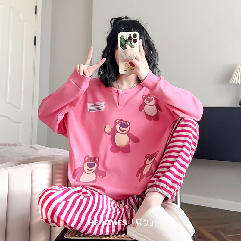HEARMES 草莓熊卡通睡衣女春秋季纯棉长袖家居服束脚条纹长裤可爱
