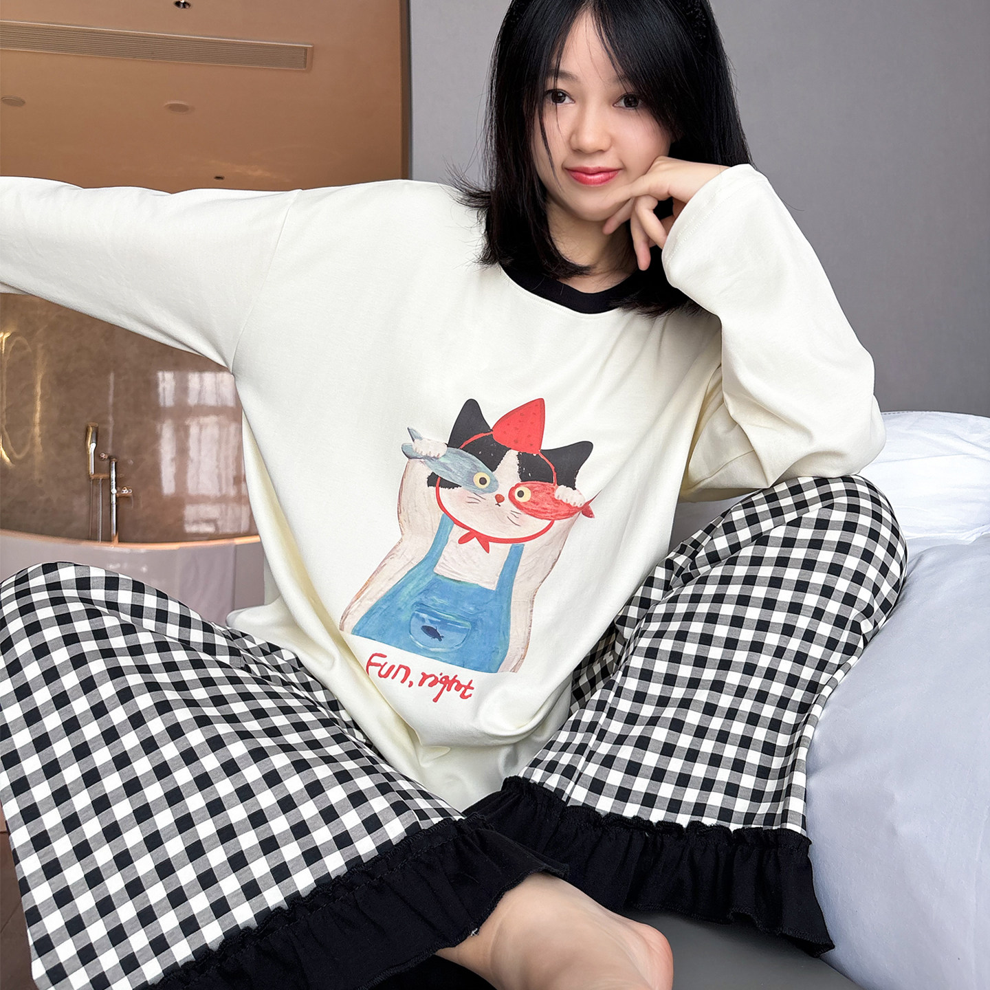 HEARMES 猫吃鱼格子长袖纯棉睡衣女春秋季休闲秋冬圆领家居服套装