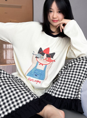 HEARMES 猫吃鱼格子长袖纯棉睡衣女春秋季休闲秋冬圆领家居服套装