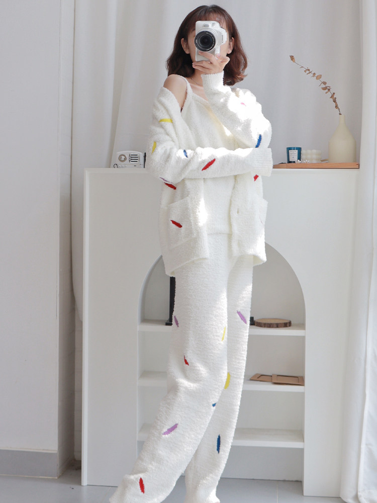 HEARMES JAPANESE PAJAMAS WOMENS FALL|WINTER CORAL DOWN FEATHER THREE-PIECE WINTER THICKENED FLEECE LOUNGEWEAR