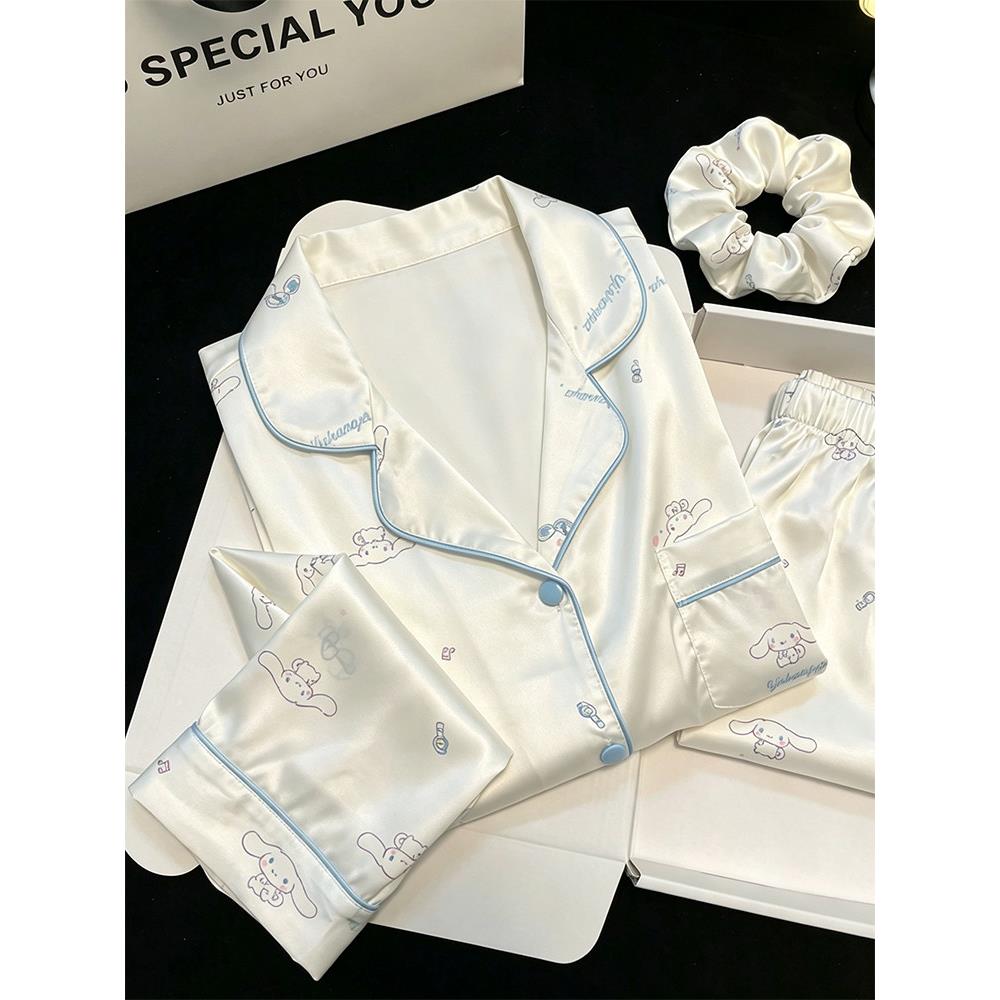 HEARMES 轻奢感小狗冰丝睡衣女春秋季长袖家居服夏天短袖三件套薄