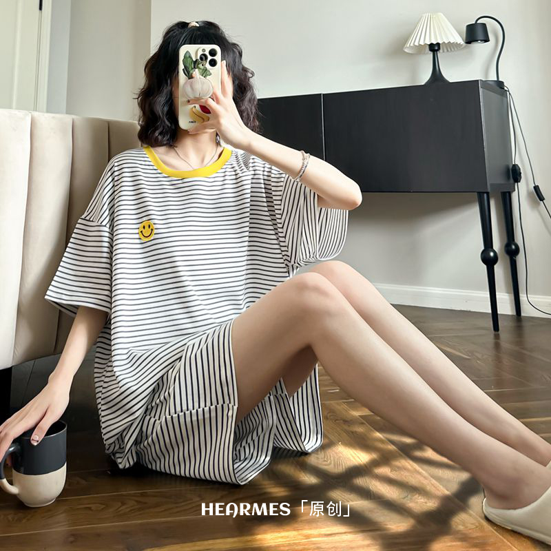 HEARMES 简约笑脸条纹睡衣女纯棉夏新款圆领薄款可外穿短袖家居服
