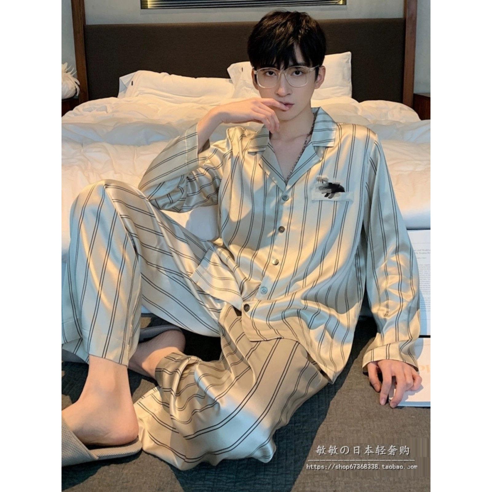 HEARMES 真丝睡衣男士薄款情侣款冰丝条纹长袖套装青少年家居服女