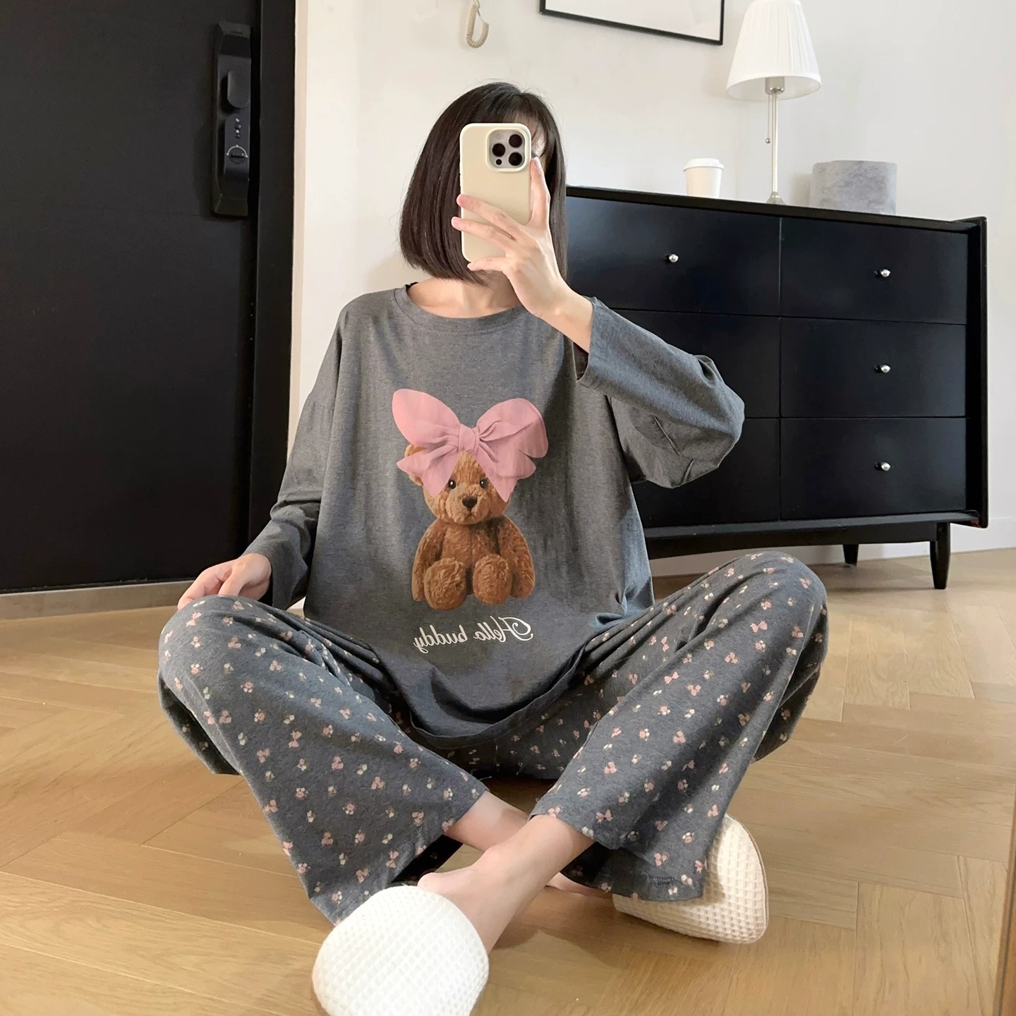 HEARMES 新款睡衣女士长袖纯棉卡通兔子可外穿秋冬可爱家居服套装