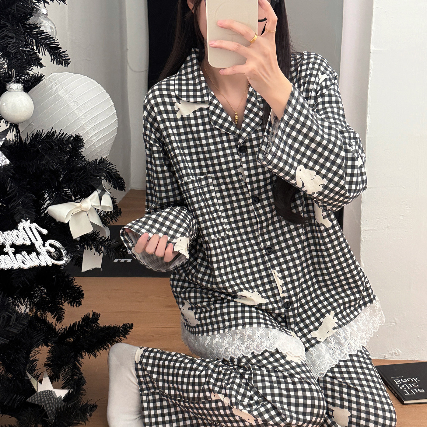HEARMES 秋季黑色格子兔睡衣女纯棉长袖长裤小翻领花边家居服