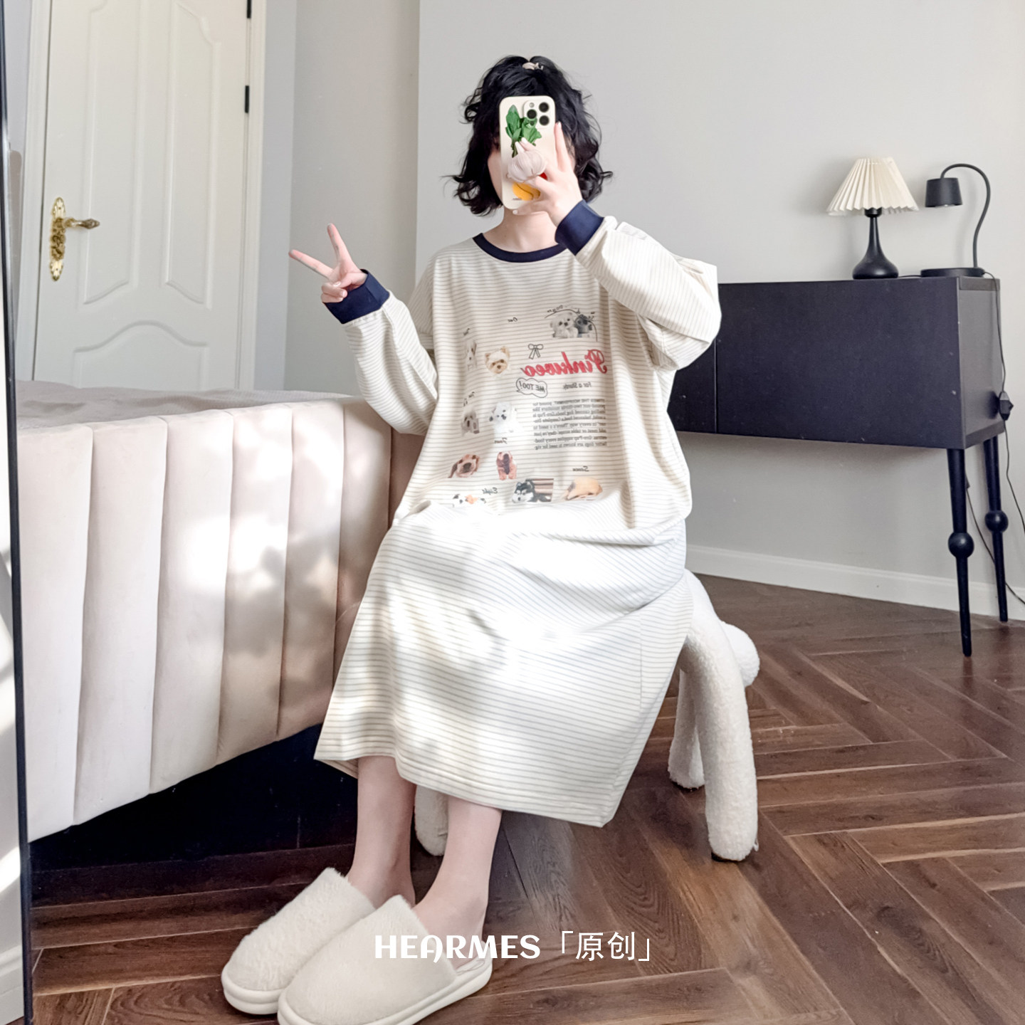 HEARMES 卡通条纹睡裙女纯棉春秋长袖可爱大码宽松休闲孕妇可外穿