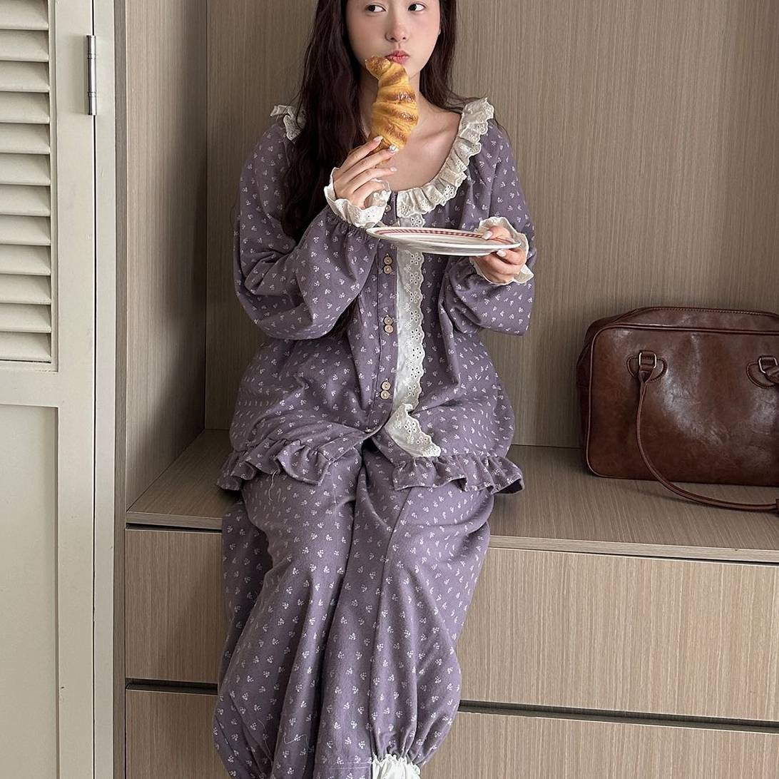 HEARMES 波点睡衣女长袖花边娃娃领宽松可外穿家居服套装秋季纯棉