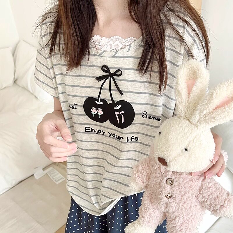 HEARMES 韩国樱桃蝴蝶结条纹睡衣女夏蕾丝花边短袖短裤宽松家居服