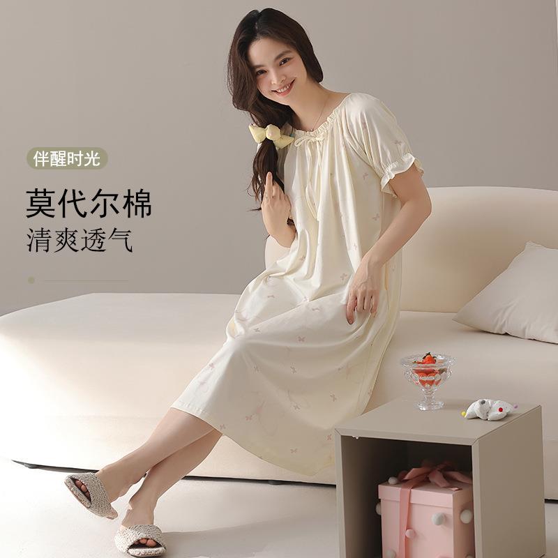 HEARMES【超柔软】女士莫代尔棉睡裙女夏季短袖连衣裙简约休闲凉