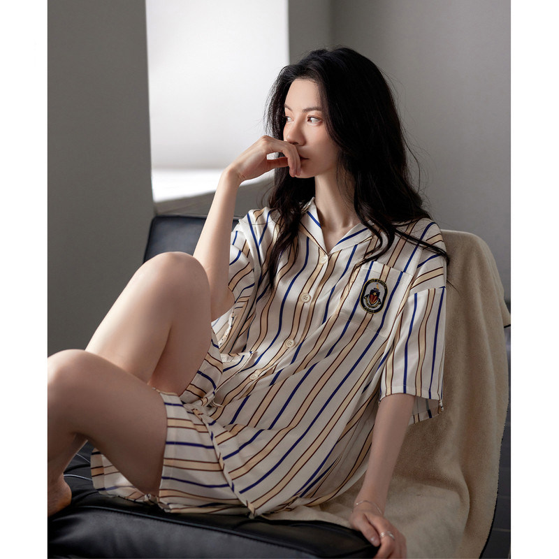 HEARMES 睡衣女夏季夏款丝绸冰丝仿真丝短袖短裤开衫家居服可外穿