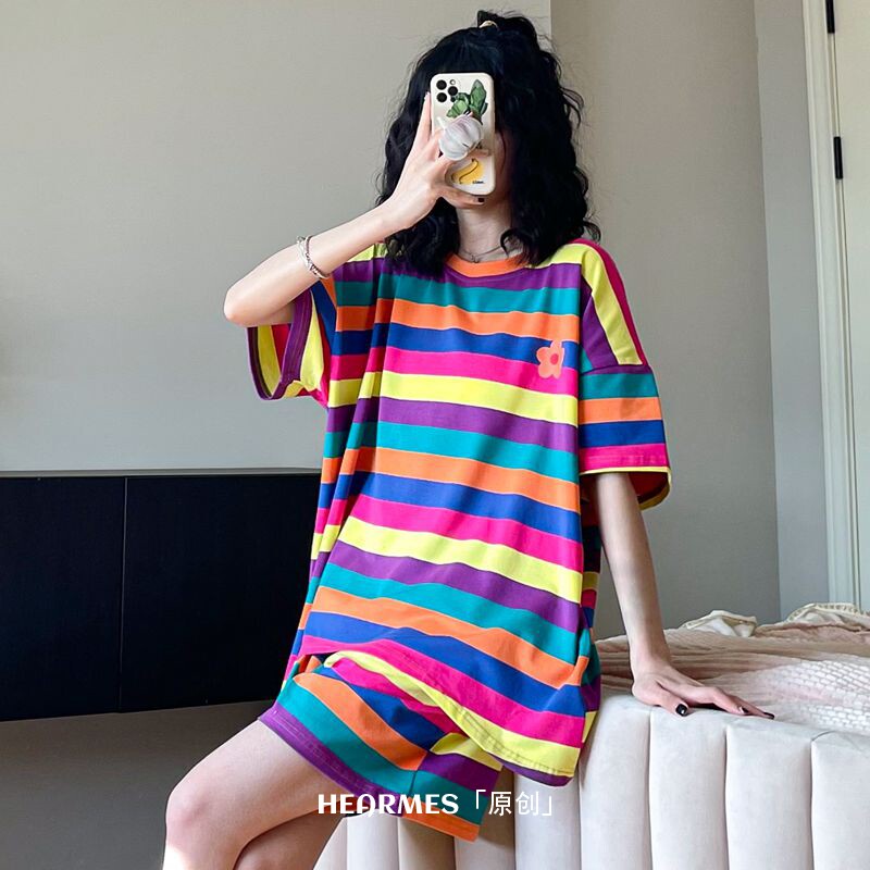 HEARMES「原创」彩虹条纹睡衣女纯棉夏短袖短裤宽松套头薄可外穿