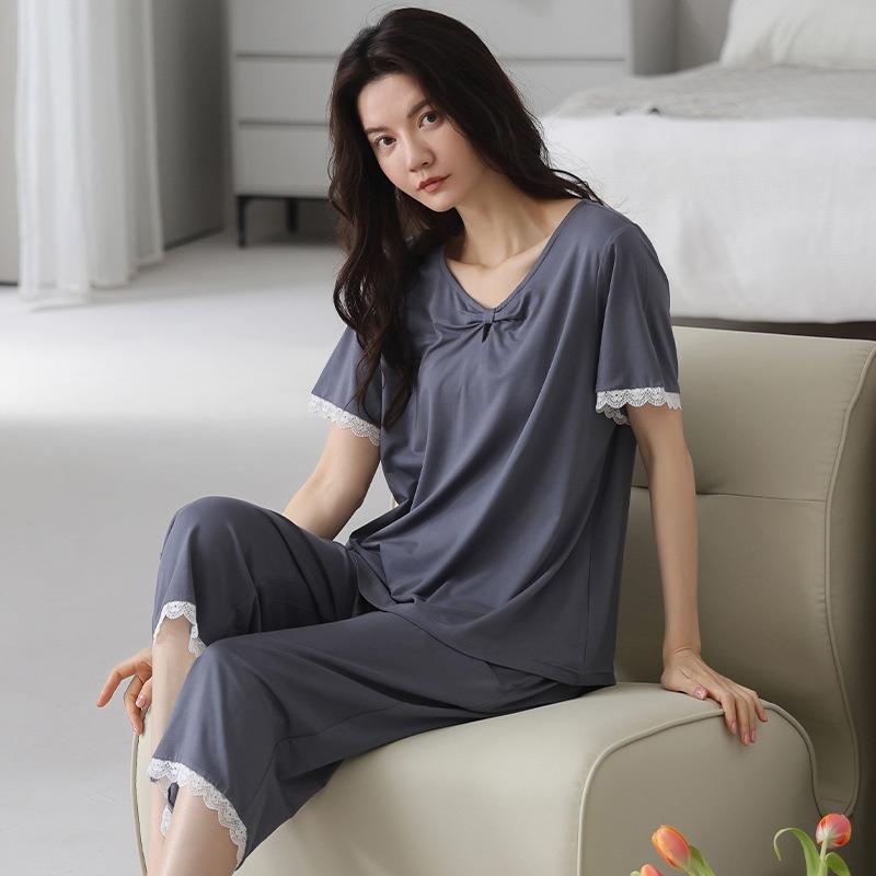 HEARMES 睡衣女士夏季莫代尔短袖七分裤薄款夏天妈妈带胸垫家居服