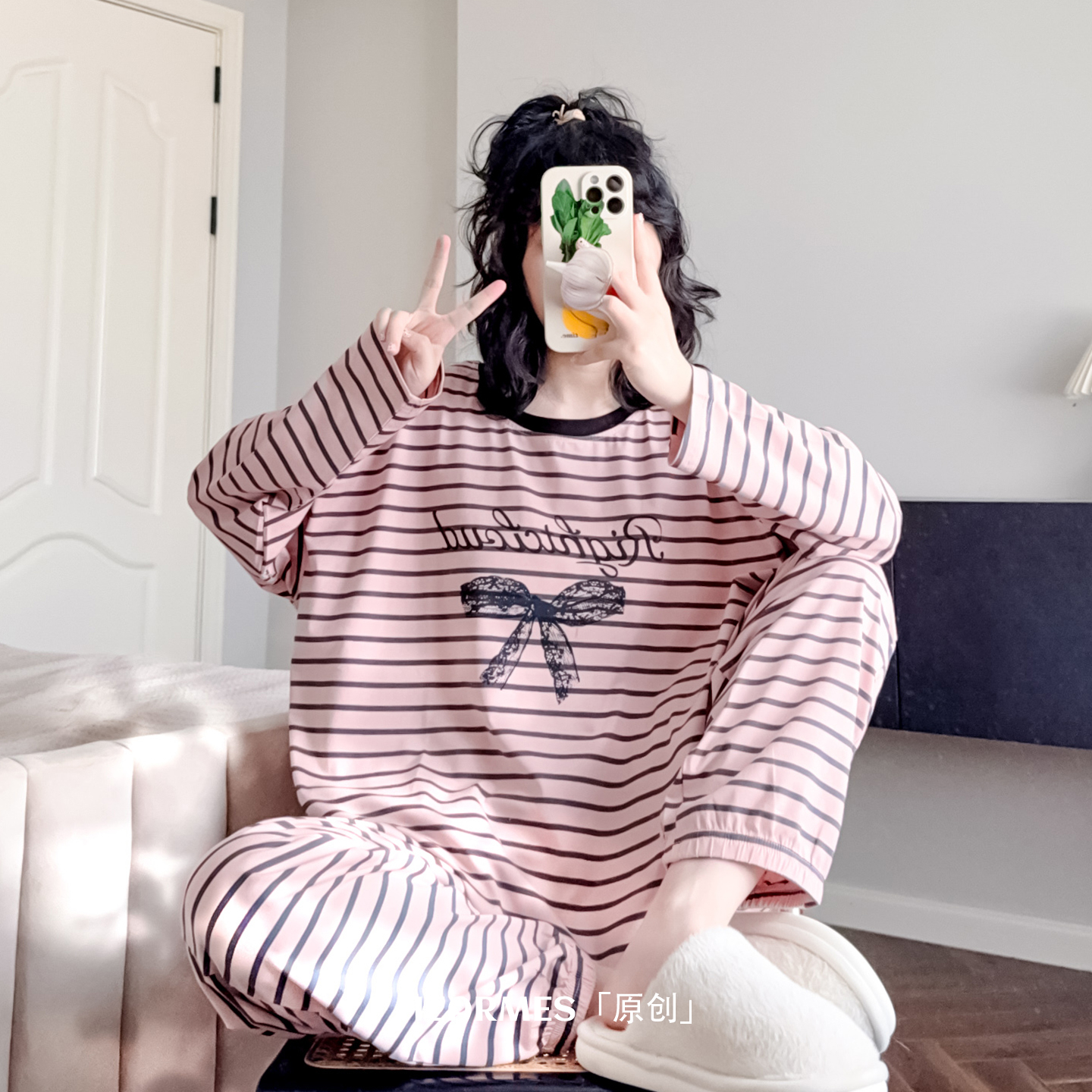 HEARMES 甜美蝴蝶结睡衣女春秋季长袖韩系少女卡通可爱家居服套装