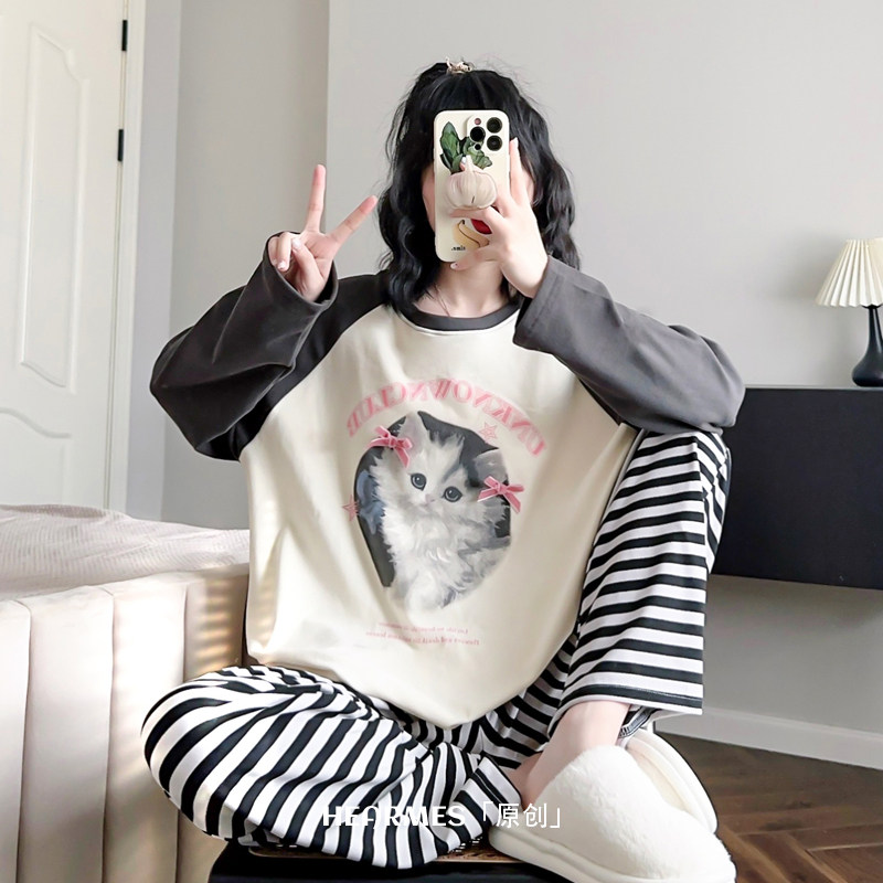 HEARMES 卡通猫春秋睡衣女纯棉长袖条纹长裤日系可外穿可爱家居服
