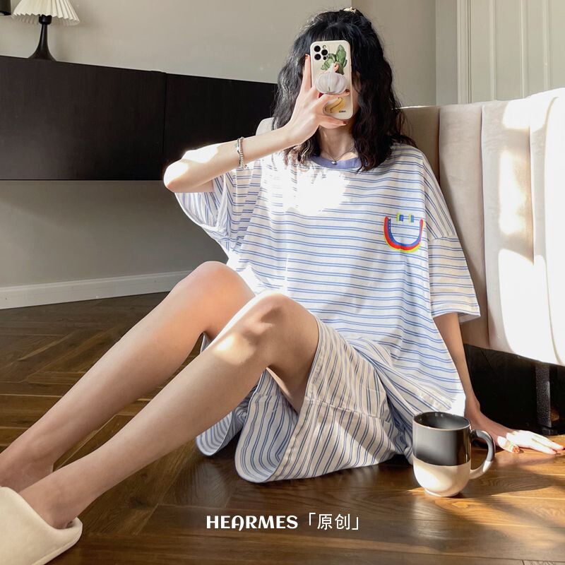 HEARMES「原创」笑脸条纹薄款睡衣女夏纯棉宽松休闲可外穿家居服