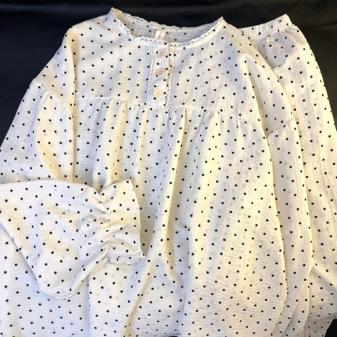 HEARMES 韩版甜美波点睡衣女春秋长袖长裤云朵棉宽松少女家居服套