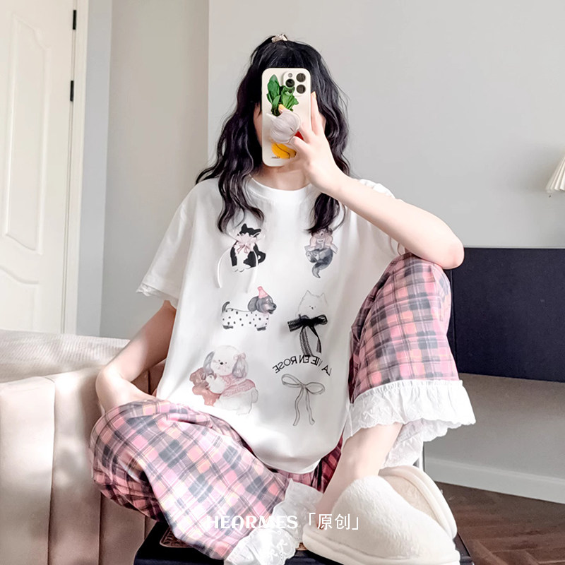 HEARMES 薄款睡衣女夏纯棉短袖格子长裤日系可外穿休闲可爱家居服